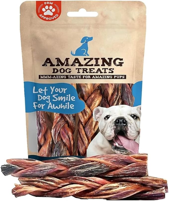 Amazing Dog Treats - 6 Inch Extra Thick Braided Gullet Stick (4 Pc/Pack) - Dog Jerky Treats - Beef Esophagus -Gullet Sticks for Dogs - Braided Gullet Sticks Dog Chews - Beef Esophagus Dog Treats