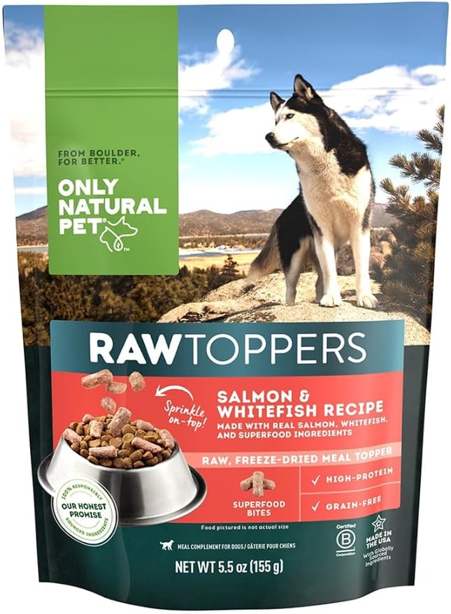 Only Natural Pet Raw Toppers Salmon & Whitefish - Protein Packed, Great Tasting Freeze Dried Raw Food Topper for Dogs - 5.5 OZ Bag 2 Pack