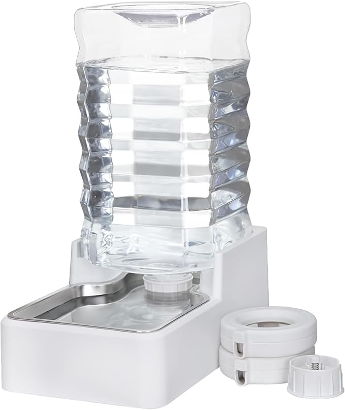 Sfozstra 9L Upgraded Dog Water Bowl Dispenser, Stainless Steel Bowl, Automatic Gravity Cat Water Dispenser, BPA-Free, Large Capacity Water Dispenser with Two Caps and Filters(White,9L+)
