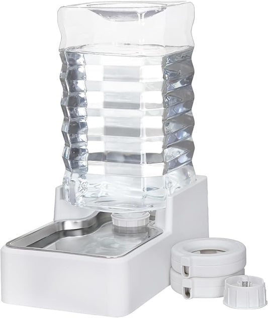 Sfozstra 9L Upgraded Dog Water Bowl Dispenser, Stainless Steel Bowl, Automatic Gravity Cat Water Dispenser, BPA-Free, Large Capacity Water Dispenser with Two Caps and Filters(White,9L+)