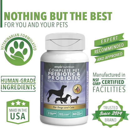 Ample Nutrition Complete Pet Prebiotic + Probiotic for Dogs & Cats, 60ct Pork Flavored Pearls