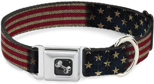 Buckle-Down Dog Collar Seatbelt Buckle Vintage US Flag Stretch 16 to 23 Inches 1.5 Inch Wide, Multi Color, 1.5" Wide - Fits 16-23" Neck - Medium (DC-W32210-WM)