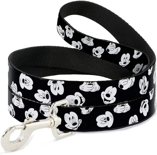 Buckle-Down Pet Leash - Mickey Mouse Expressions Scattered Black/White - 4 Feet Long - 1/2" Wide