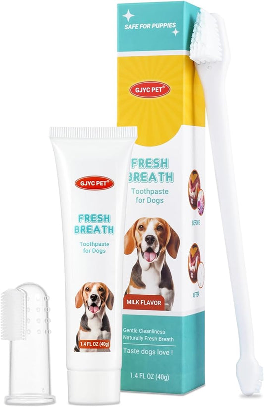 Dog Oral Care Kit - Contains Dog Toothpaste, Dual-Headed Toothbrush, Silicone Finger Brush - (1.4 fl. oz) Fresh Breath, Healthy Gums!