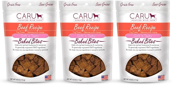 Caru - Soft n’ Tasty Baked Bites - Beef Bites Dog Treats - Flavorful Training Treats - 4 oz bags - Pack of 3