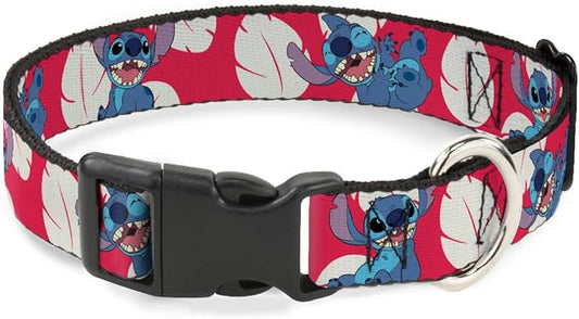 Dog Collar Plastic Clip Lilo Stitch 4 Poses Lilo Dress Leaves Red Ivory 6 to 9 Inches 0.5 Inch Wide