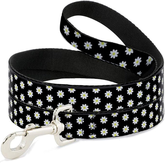 Buckle-Down Dog Leash Daisies Scattered Black White Yellow 6 Feet Long 1.5 Inch Wide