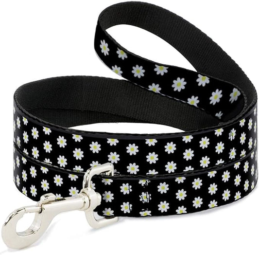 Buckle-Down Dog Leash Daisies Scattered Black White Yellow 6 Feet Long 1.0 Inch Wide
