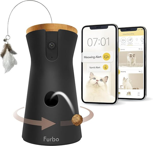 Furbo 360° Cat Camera + Nanny Bundle: Home Security & Cat Safety Alerts, Rotating Pet Treat Dispenser Camera with Speaker, Smart Home Indoor Cam w Phone App (Additional Subscription Required at Setup)
