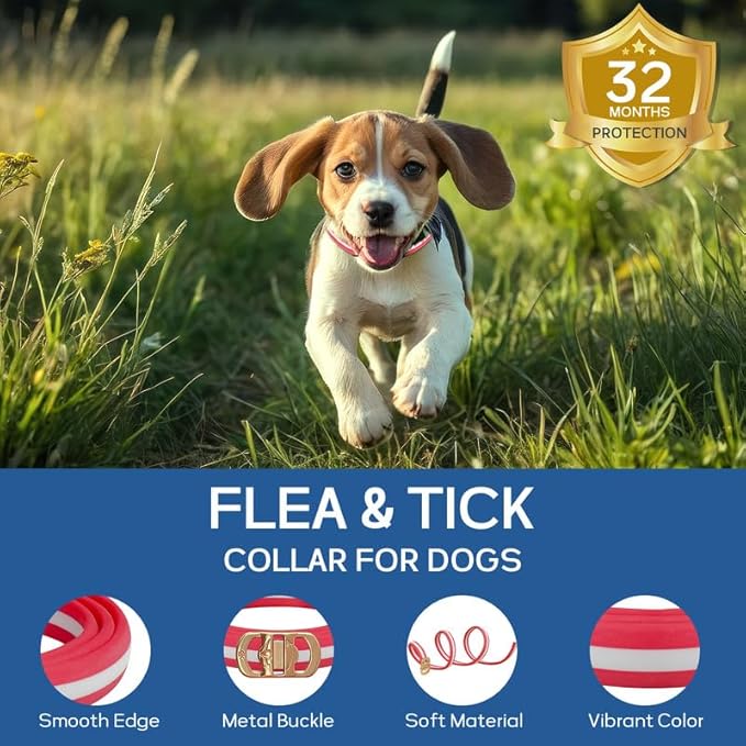 4 Pack Flea Collar for Dogs, Flea and Tick Collar for Dogs Red & White, 32 Months Flea and Tick Prevention for Dogs, Dog Flea and Tick Treatment, Water-resistant & Adjustable Dog Flea Collar