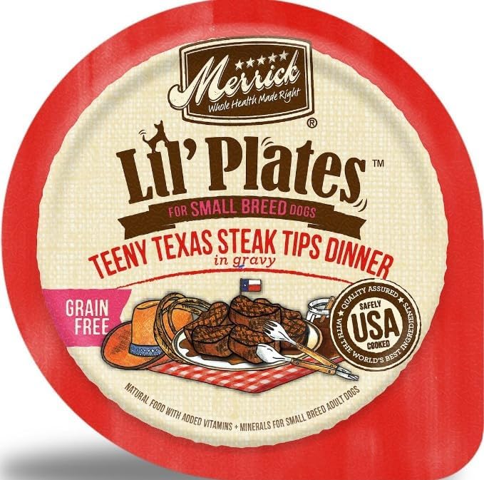 Merrick Lil' Plates Grain-Free Small Breed Wet Dog Food 8 Pack, 3.5 Oz Each, Includes: Texas Steak, Lamb Chop, Pot Pie, Surfin Turfin - Plus Fun Paw Notepad and Sticker (10 Items Total)