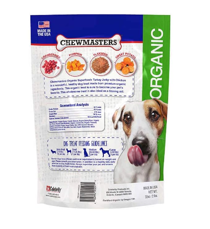 Chewmasters Organic Superfoods Turkey Jerky Dog Treats with Chicken, 2 Pound Bag, USDA Premium Organic Turkey, Made in The USA, by-Product Free, Real Meat Dog Treat, All Life Stages