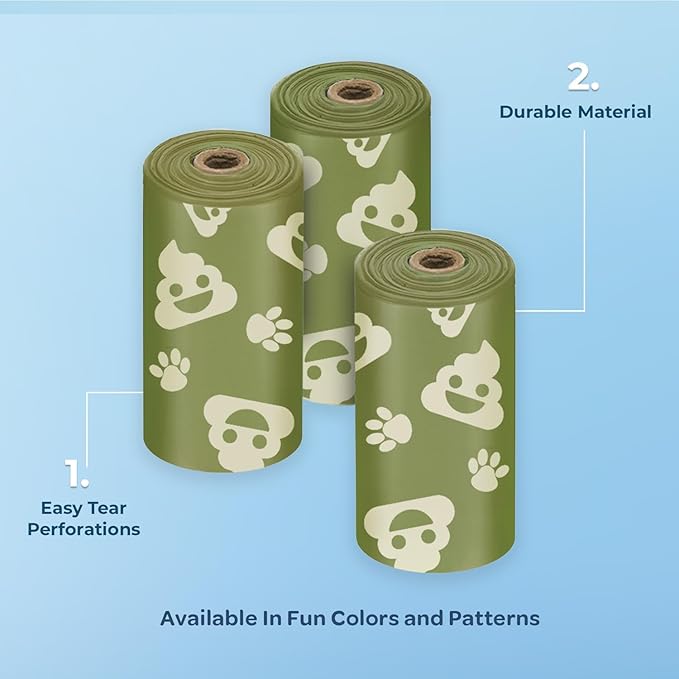 Best Pet Supplies Dog Poop Bags (150 Bags) for Waste Refuse Cleanup, Doggy Roll Replacements for Outdoor Puppy Walking and Travel, Leak Proof and Tear Resistant, Thick Plastic - Green with Poop Emoji