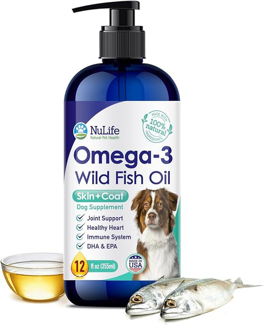 Liquid Fish Oil for Dogs with Omega 3, 6 & 9 Fatty Acids, Wild Caught from Iceland, Skin and Coat Supplement for Shedding, Itchy Skin, Allergies, Brain and Heart Health, Rich in EPA + DHA - 12 oz
