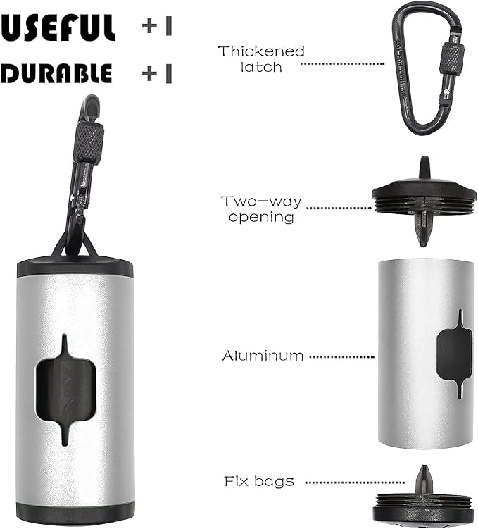 Metal Dog Poop Bags Holder Aluminum Poo Bags Dispenser with 15 Black Unscented Pet Waste Bags and 3 Leash Accessories for Dog Walking(1 Holder 15 Bags,Silver)