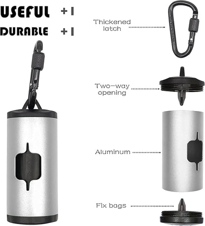 Metal Dog Poop Bags Holder Aluminum Poo Bags Dispenser with 15 Black Unscented Pet Waste Bags and 3 Leash Accessories for Dog Walking(1 Holder 15 Bags,Silver)