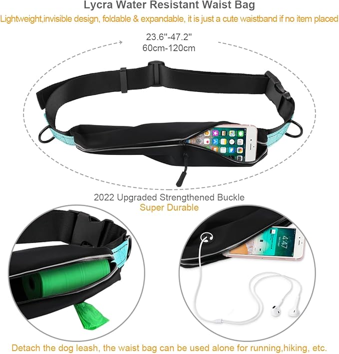 PHILORN Hands Free Dog Leash for Running, Jogging | Reflective Stitching, Adjustable Waist Belt(24"-47"), Phone Pouch, Shock Absorbing Dual Handle Bungee(47"-67") for Large Dog