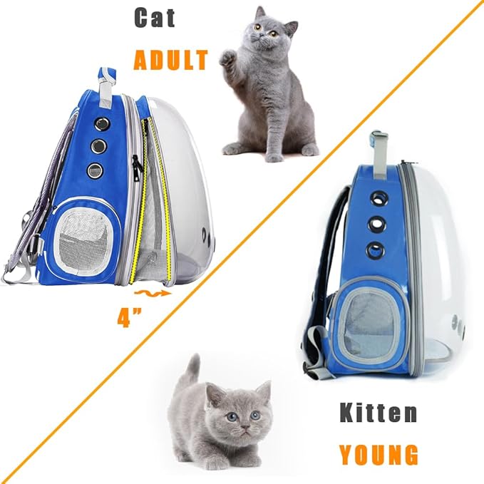 Expandable Cat Backpack Carrier, Fit up to 20 lbs, Space Capsule Astronaut Bubble Window Pet Backpack for Large Cat and Small Puppy (Blue, Front Extension)