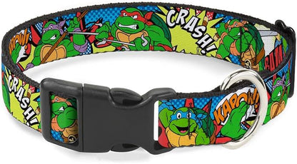 Dog Collar Plastic Clip Ninja Turtles Action Poses Action Bubbles Dots Blues 16 to 23 Inches 1.5 Inch Wide
