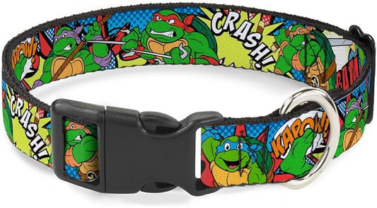 Dog Collar Plastic Clip Ninja Turtles Action Poses Action Bubbles Dots Blues 13 to 18 Inches 1.5 Inch Wide
