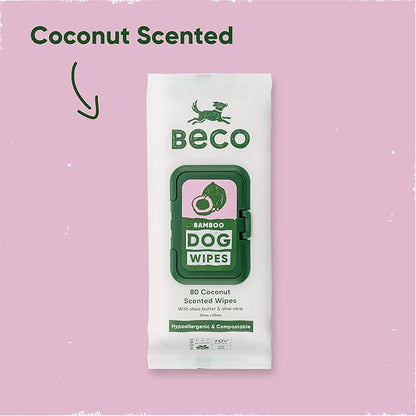 Beco Bamboo Dog Wipes, Thick Grooming Wipes For Easy Pet Cleanup, Home Compostable, 80 Count (Coconut)