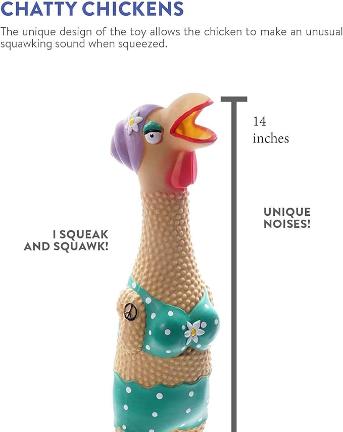 Outward Hound Squawkers Grandma Hippie Chick Latex Rubber Chicken Interactive Dog Toy, Large