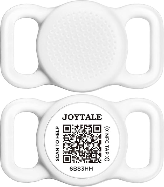 Joytale [ NO APP Required ] Silent Silicone QR Code Dog Tag, Slide On Dog Tags for 3/8-5/8 Inch Wide Collars or Vest, NFC Pet Online Profile, Scan QR to Send Location Alert Email, White, S