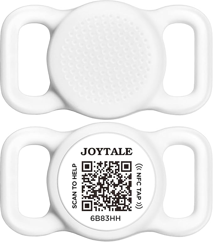 Joytale [ NO APP Required ] Silent Silicone QR Code Dog Tag, Slide On Dog Tags for 1 Inch Wide Collars or Vest, NFC Pet Online Profile, Scan QR to Send Location Alert Email, White, M