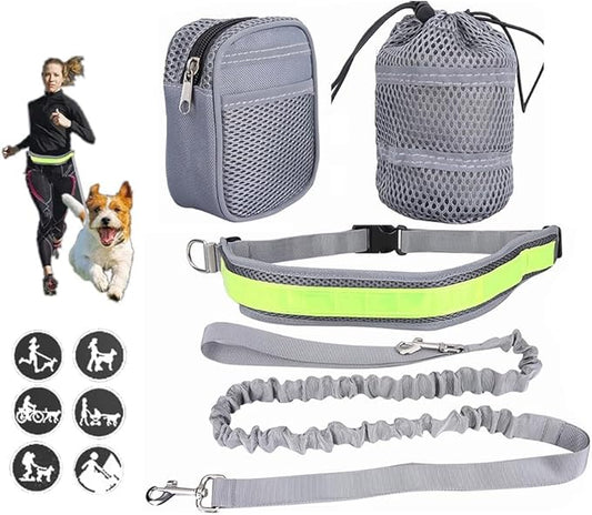 Outdoor Hands Free Dog Leash with Zipper Pouch,Reflective Dog Running Leash Belt Bag Bungee Waist Leash Leash Kit for Medium Large Dogs' Training and Walking Hiking Jogging Biking (Grey)