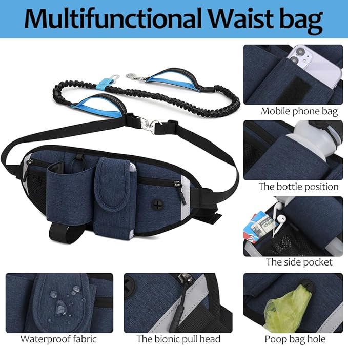 Hands Free Dog Leash Waist Leash for Dog Walking Bungee Leash Dog Running Belt for Medium & Large Dogs, 20-70 lbs Fanny Pack for Walker Hiking Jogging…