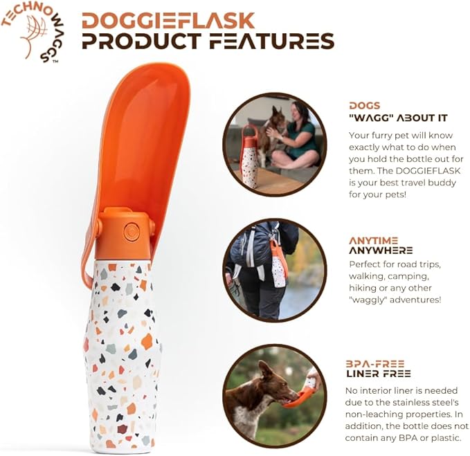 DOGGIEFLASK Dog Water Bottle by TECHNOWAGGS™ | 28 OZ Stainless Steel | Convenient Pet Water Dispenser | Leak Proof Bottle | Perfect for Travel, Walking, Hiking and Outdoor Activities