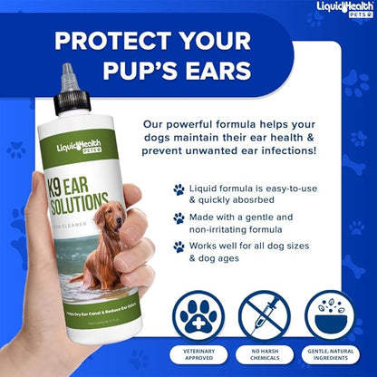 LIQUIDHEALTH 12 Fl Oz K9 Dog Ear Cleaner Wash Solutions - Infection Cleaning Hygiene Treatment Drops for Dogs, Canines and Puppies