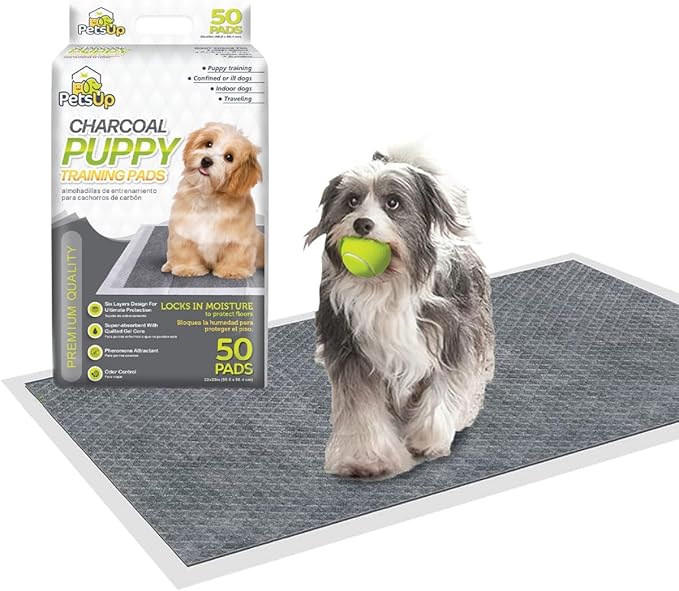PetsUp Charcoal Puppy Training Pads - Pee Pads with Odor Control for Puppies & Dogs - Quick Dry Puppy Potty Training Pad - Non-Woven Surface, Deodorizing Filter, Quilted Gel Core - 22x23, 50-Pack