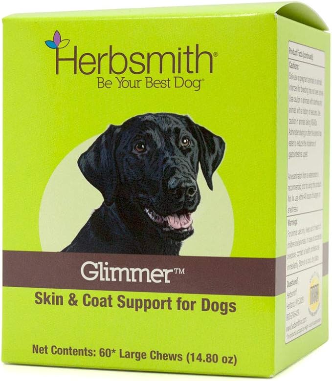 Herbsmith Glimmer - Dog Healthy Skin and Coat + Dog Treatment for Dry Itchy Skin - Omega-3 Supplement for Dogs - 60ct Large Chews