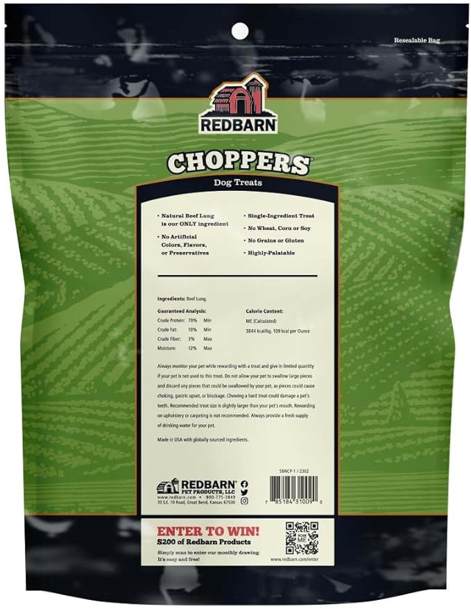 Redbarn Choppers Beef Lung Dog Chews, Natural, Made in USA, High-Protein Low-Fat, Grain-Free, Single Ingredient for All Dog Sizes(Pack of 8)
