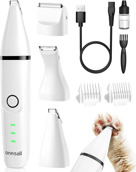 oneisall Quiet Cat Paw Trimmer, Cordless Cat Shaver, 3 in 1 Cat Hair Trimmer, Rechargeable Cat Clippers Pet Clippers for Cats, Cat Trimmer for Paws, Butt, Knotted, Dingleberry