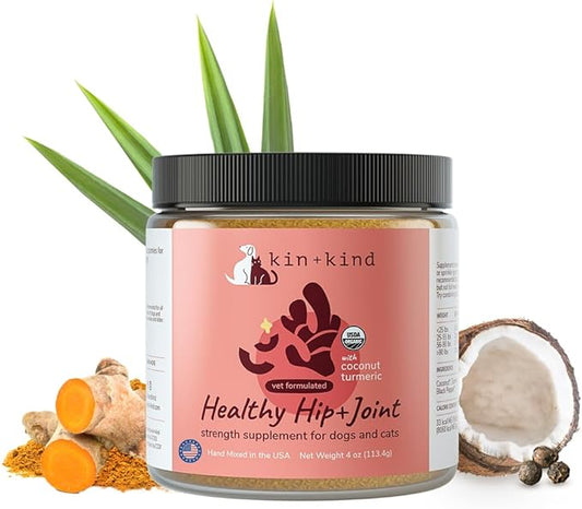 kin+kind Hip+Joint Supplement Dogs & Cats - Organic Healthy Hip+Joint Supplement - Vet Formulated Natural Formula with Organic Turmeric, Black Pepper and Coconut- Small 4oz - Made in USA