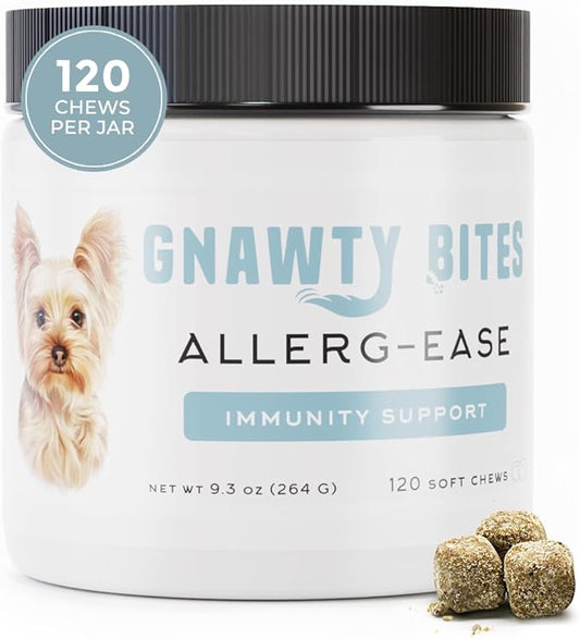 Gnawty Bites Allerg-Ease - Immunity Support Probiotics for Dogs with Kelp, Colostrum, & Bee Pollen - Dog Allergy Relief for Small to Large Breeds - 120 Soft Dog Allergy Chews (264 G)