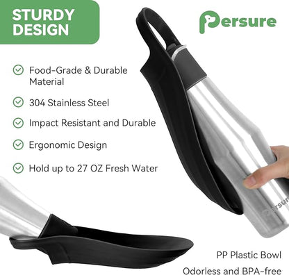 Dog Water Bottle, Portable Dog Water Bottle Dispenser - 27 OZ Stainless Steel Leak-Proof Water Bottle for Dogs On The Go, Perfect for Travel, Walking, Hiking and Outdoor Activities, Black