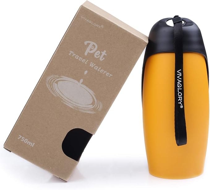 VIVAGLORY Dog Water Bottle, Pet Drinking Bottle, 25oz Portable & Leakproof Stainless Steel Dog Travel Water Bottle Bowl with Large Trough for Walking & Hiking, Orange Yellow