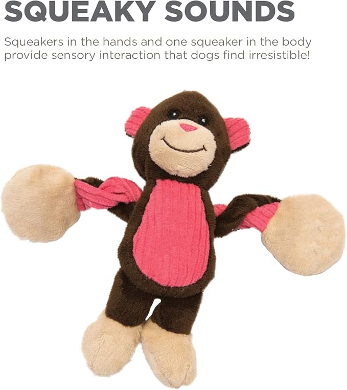 Outward Hound Baby Pulleez Monkey Squeaky Plush Dog Toy with Ropes for Pull-Through Tugging Action