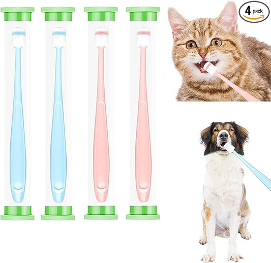 4 pcs Small dog & Cat Toothbrush 360 Degree Soft Silicone, Cat Dental Care, Pet Toothbrush, Oral Hygiene, Easy to Handle, Deep Clean, Independent Packaging, light sky blue & light pink (4 Pack Green)