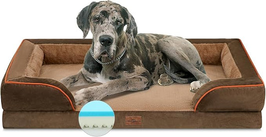 Cooling Dog Bed Memory Foam, Orthopedic Dog Bed for Giant Dogs, XXL Dog Bed for Extra Large Dogs, Waterproof Dog Bed with Bolster & Removable Cover(XX-large,Khaki Brown)