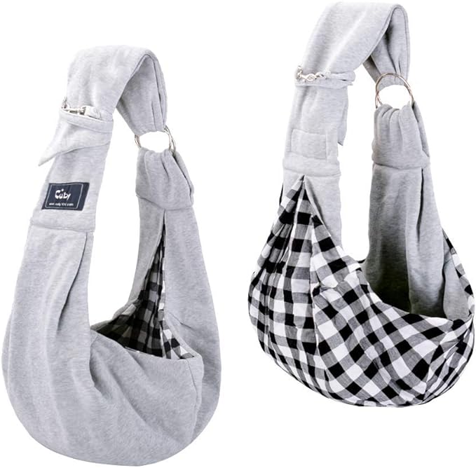 CUBY Dog and Cat Sling Carrier - Hands Free Reversible Pet Papoose Bag - Soft Pouch and Tote Design - Suitable for Puppy, Small Dogs Cats Outdoor (Grey, Adjust strap 1.0)