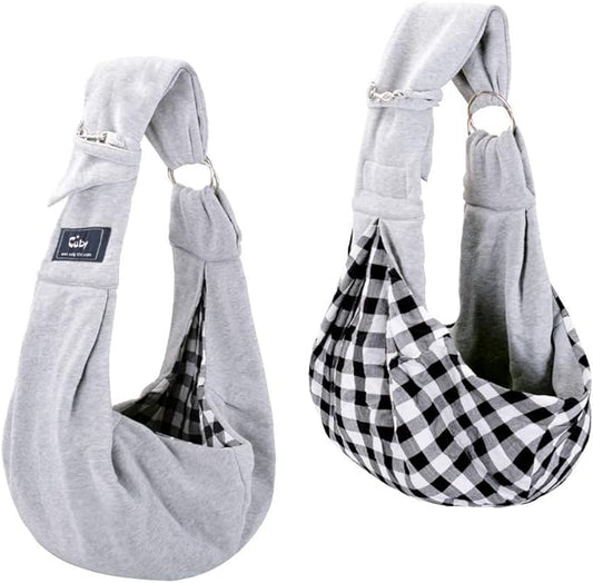 CUBY Dog and Cat Sling Carrier - Hands Free Reversible Pet Papoose Bag - Soft Pouch and Tote Design - Suitable for Puppy, Small Dogs Cats Outdoor (Grey, Adjust strap 1.0)