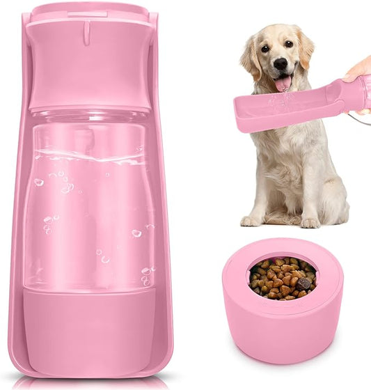 Dog Water Bottle with Food Container - Foldable Portable Puppy Travel Water Dispenser, Leak Proof Dog Water Bowl Summer Accessories for Pet Outdoor Walking Hiking (Pink)