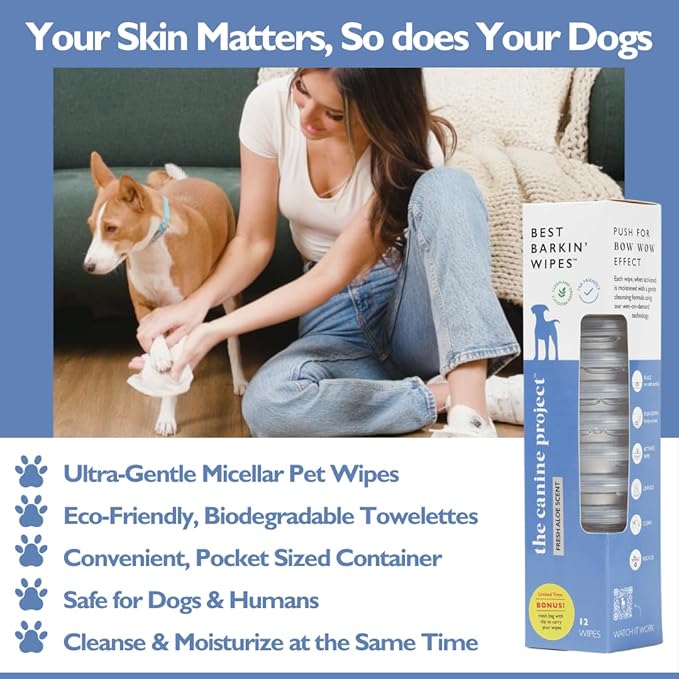 Best BARKIN' Wipes with Free Mesh Bag, Dog Wipes for Paws Ears and Butt, Micellar Aloe Scented Travel Friendly Puppy Wipes (12-Pack)