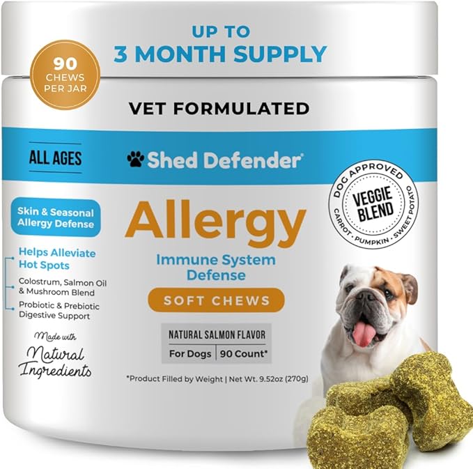 Shed Defender All Natural Allergy Relief & Probiotics Soft Chew Supplements for Dogs - Veterinarian Formulated Anti Itch & Hot Spots Omega 3 Fish Oil, Colostrum - 90 ct.