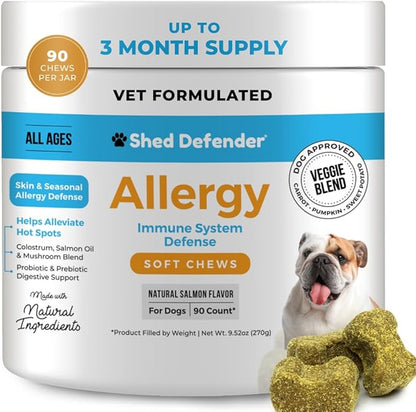 Shed Defender All Natural Allergy Relief & Probiotics Soft Chew Supplements for Dogs - Veterinarian Formulated Anti Itch & Hot Spots Omega 3 Fish Oil, Colostrum - 90 ct.