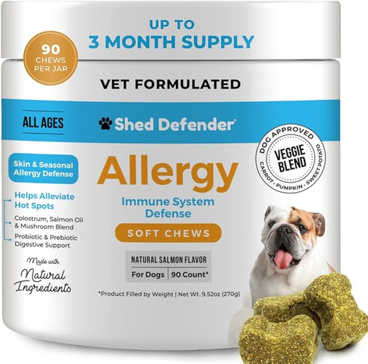 Shed Defender All Natural Allergy Relief & Probiotics Soft Chew Supplements for Dogs - Veterinarian Formulated Anti Itch & Hot Spots Omega 3 Fish Oil, Colostrum - 90 ct.